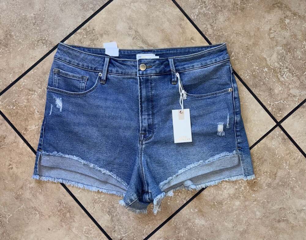 NWT Good American Good Curve Raw Hem High Rise Distressed Denim Shorts Size 14